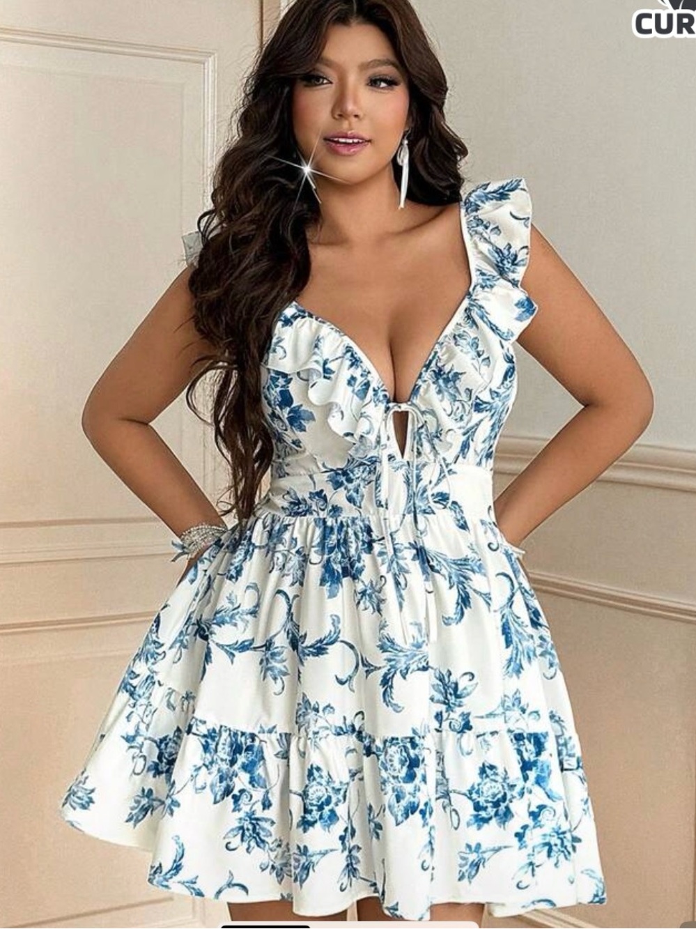 Blue Floral Ruffle V-Neck Sundress - Women